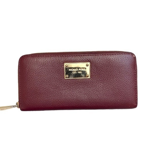 Michael Kors Burgundy Red Leather Long Zipper Clutch Wallet